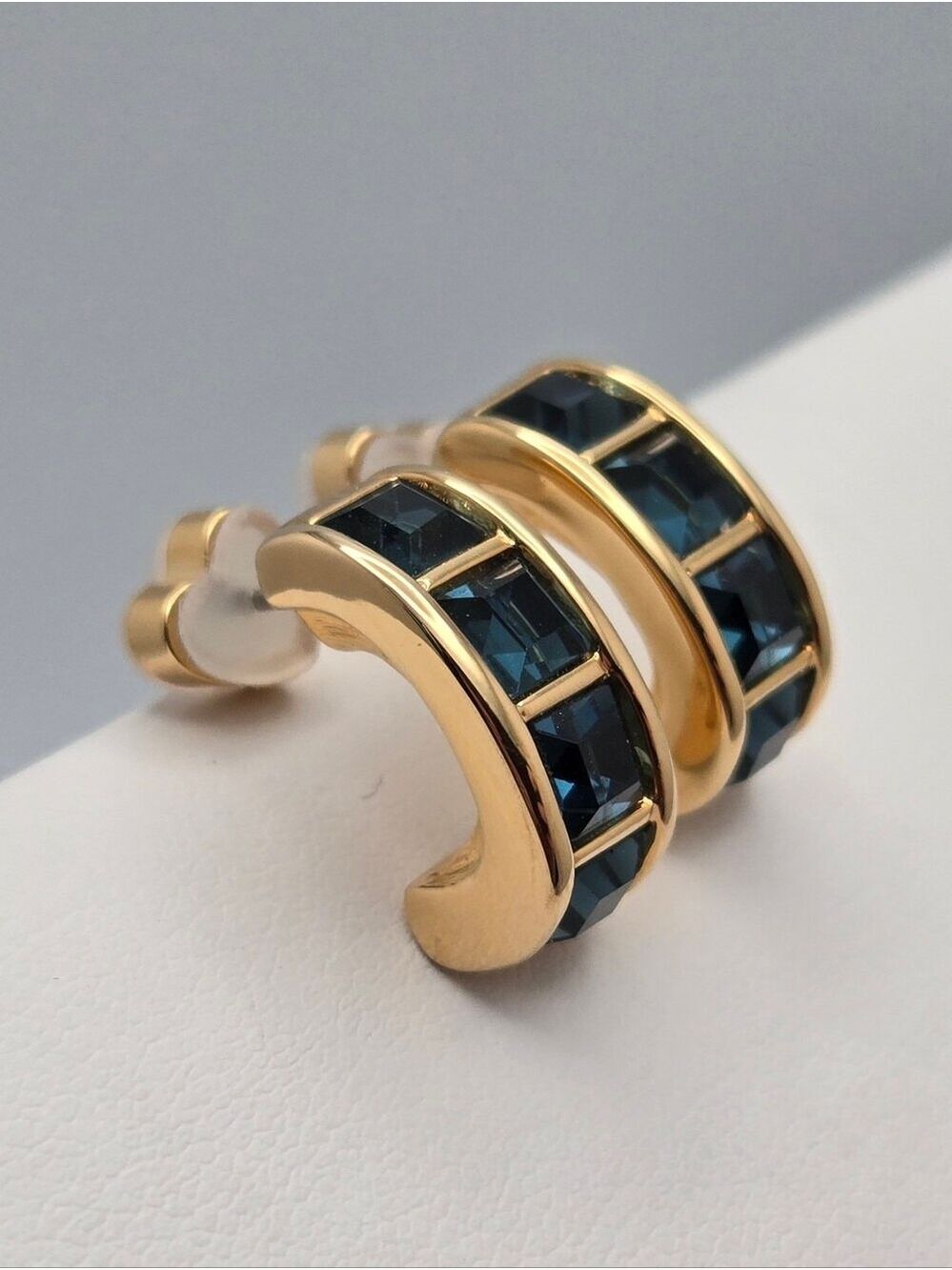 Swarovski Vintage Blue Crystal Hoop Earrings Gold Tone Signed Retired